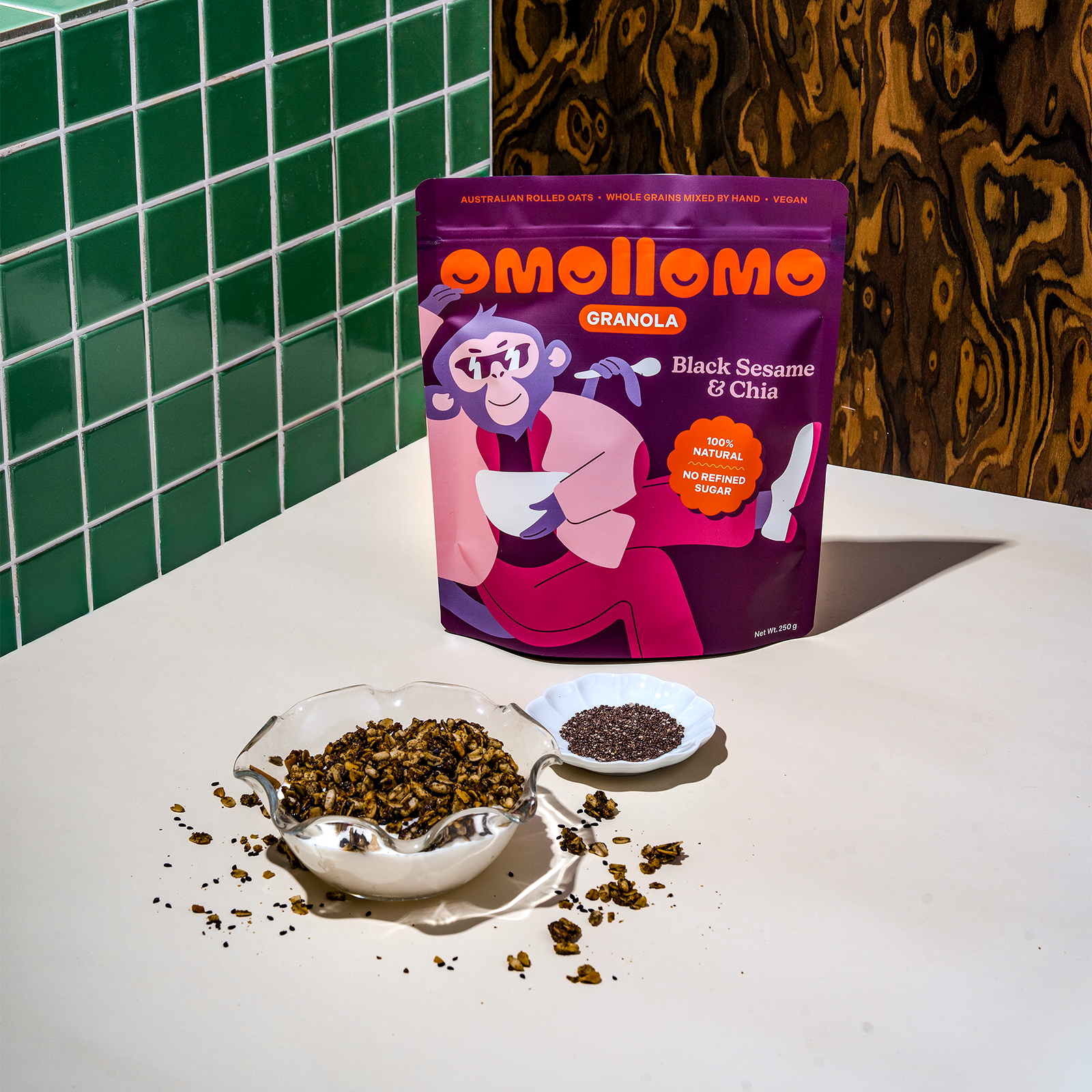 Omollomo Black Sesame and Chia Granola served in a bowl