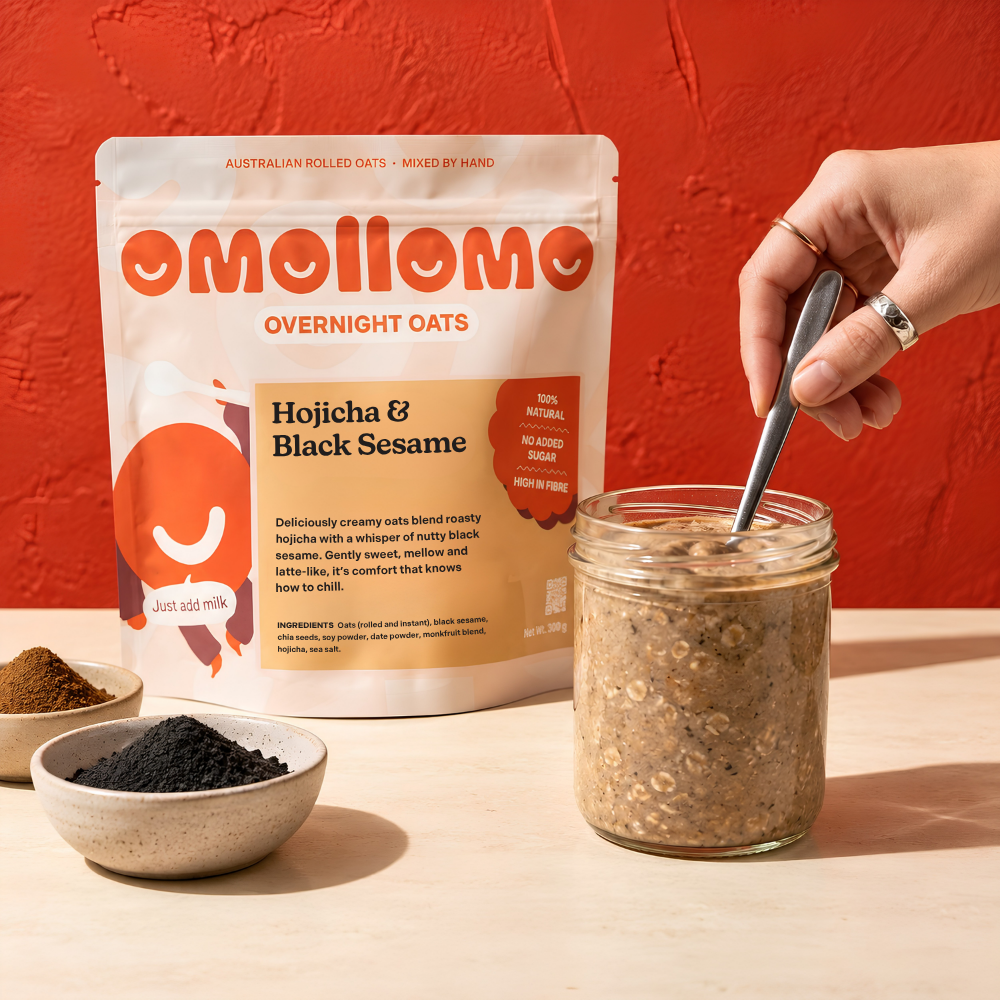 Omollomo Hojicha & Black Sesame Overnight Oats served in a jar