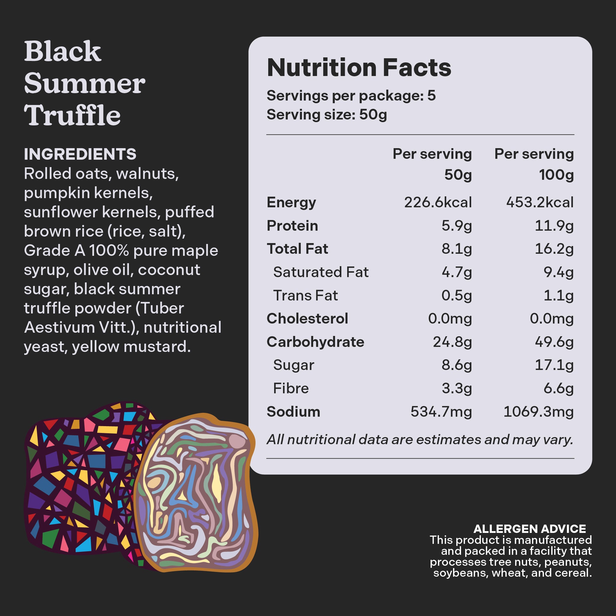 Omollomo Black Summer Truffle Savoury Granola 200g bag
Nutrition Label