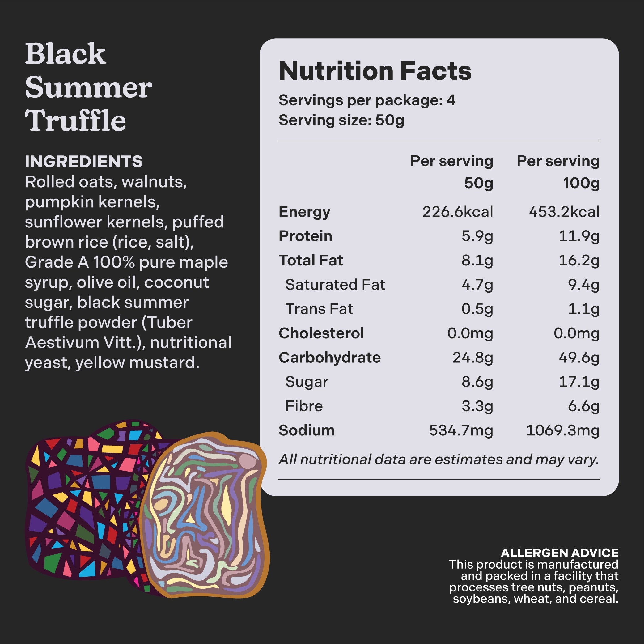 Omollomo Black Summer Truffle Savoury Granola 200g bag
Nutrition Label